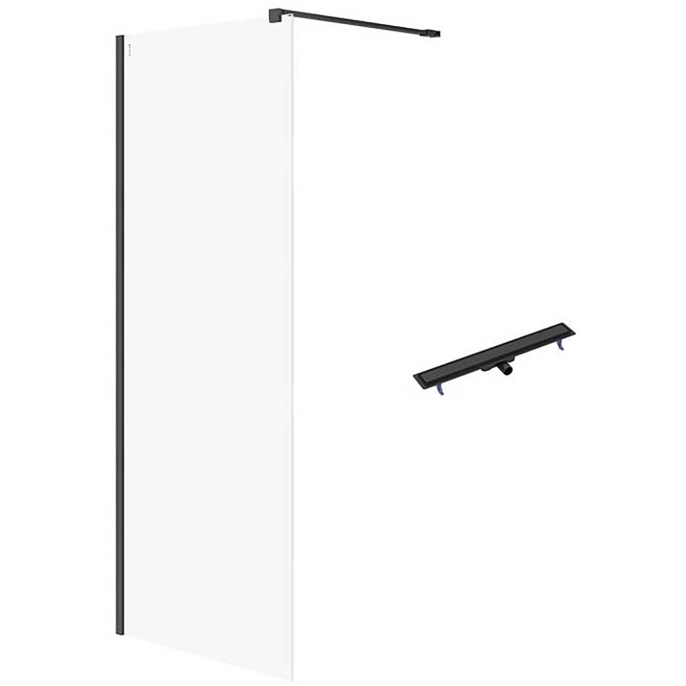 CERSANIT Duschabtrennung walk-in MILLE schwarz 90x200, lineare Ablaufschiene TAKO 80 schwarz S601-249